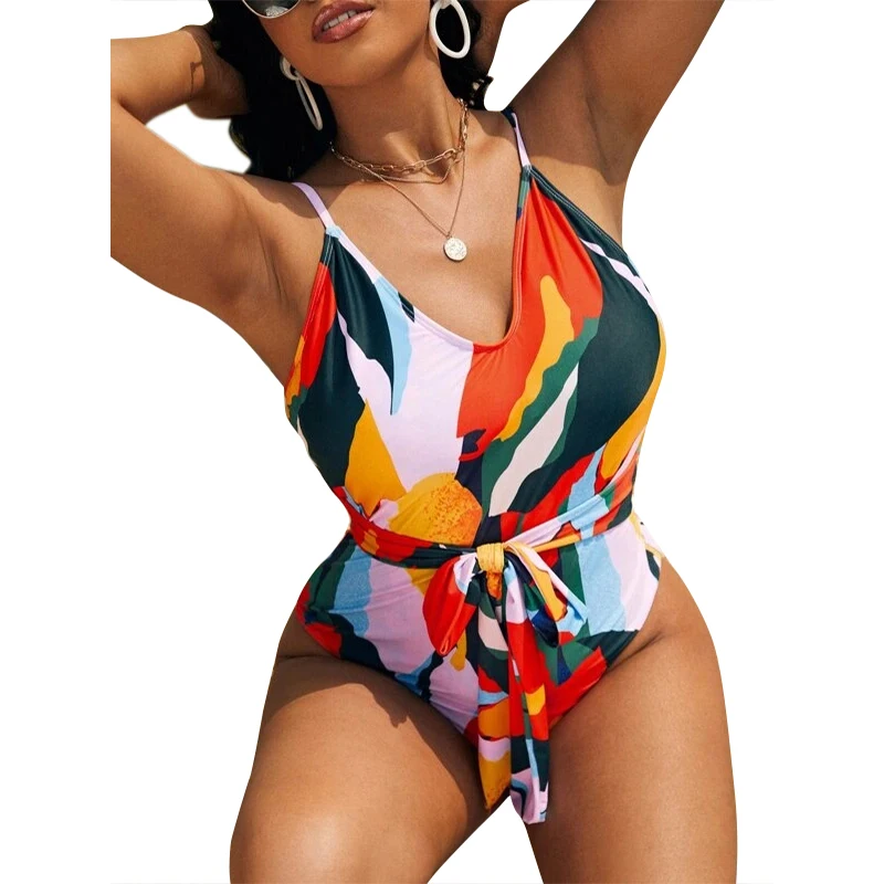 2022 New Design DAMO Plus Size Ladies One Piece Swimsuit Colorful Bow Tie Eco Friendly Recycled Nylon Swimwear&Beachwear