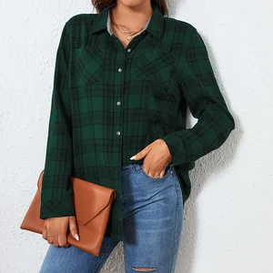 Women's Casual Long Sleeve Flannel Top for Spring Autumn Large Plaid Shirt Front Logo Woven Simple Design for Office Occasions