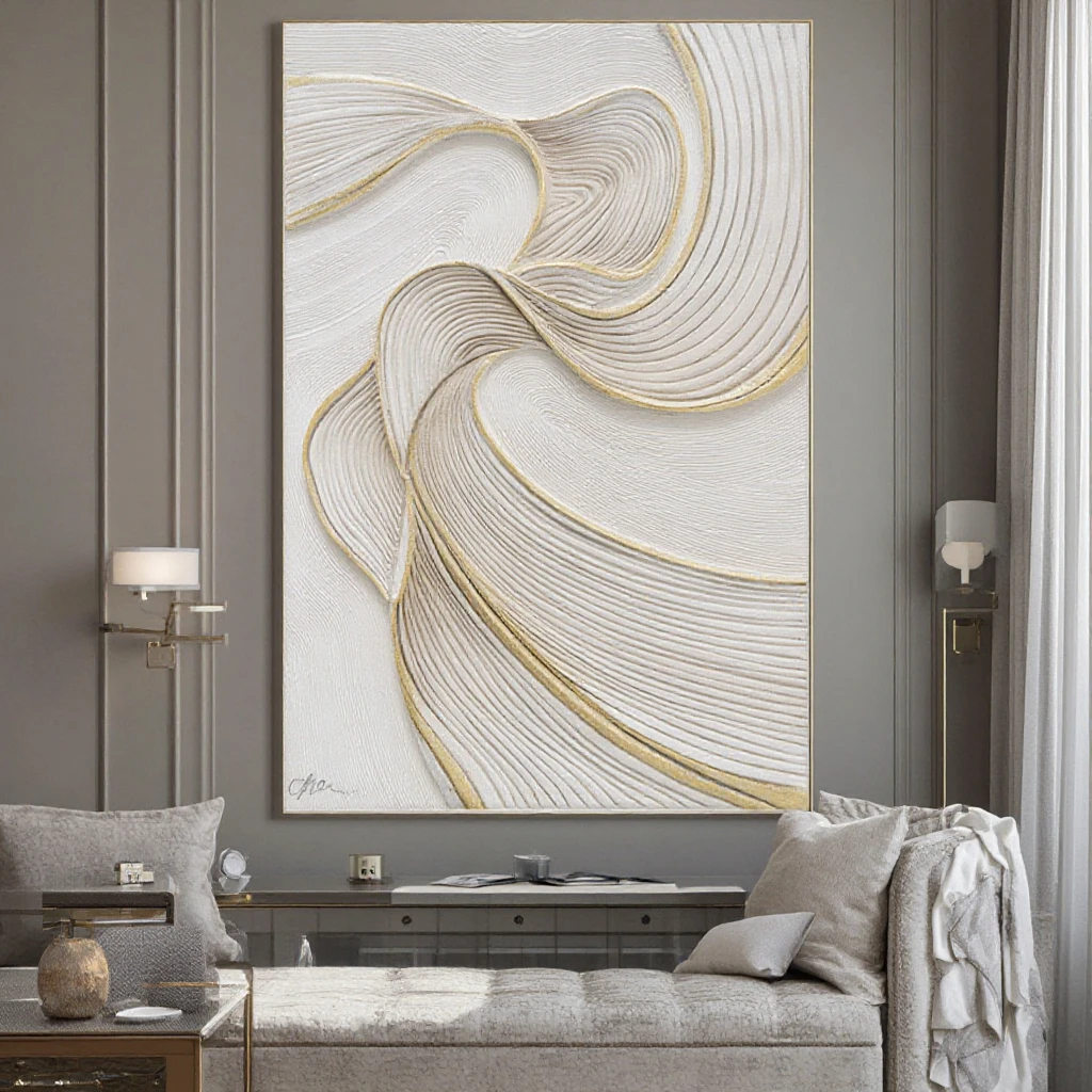 Dipinto decorativo moderno astratto con texture stile elegante quadro da appendere per hotel bianco e oro semplice dipinto a olio 100% fatto a mano