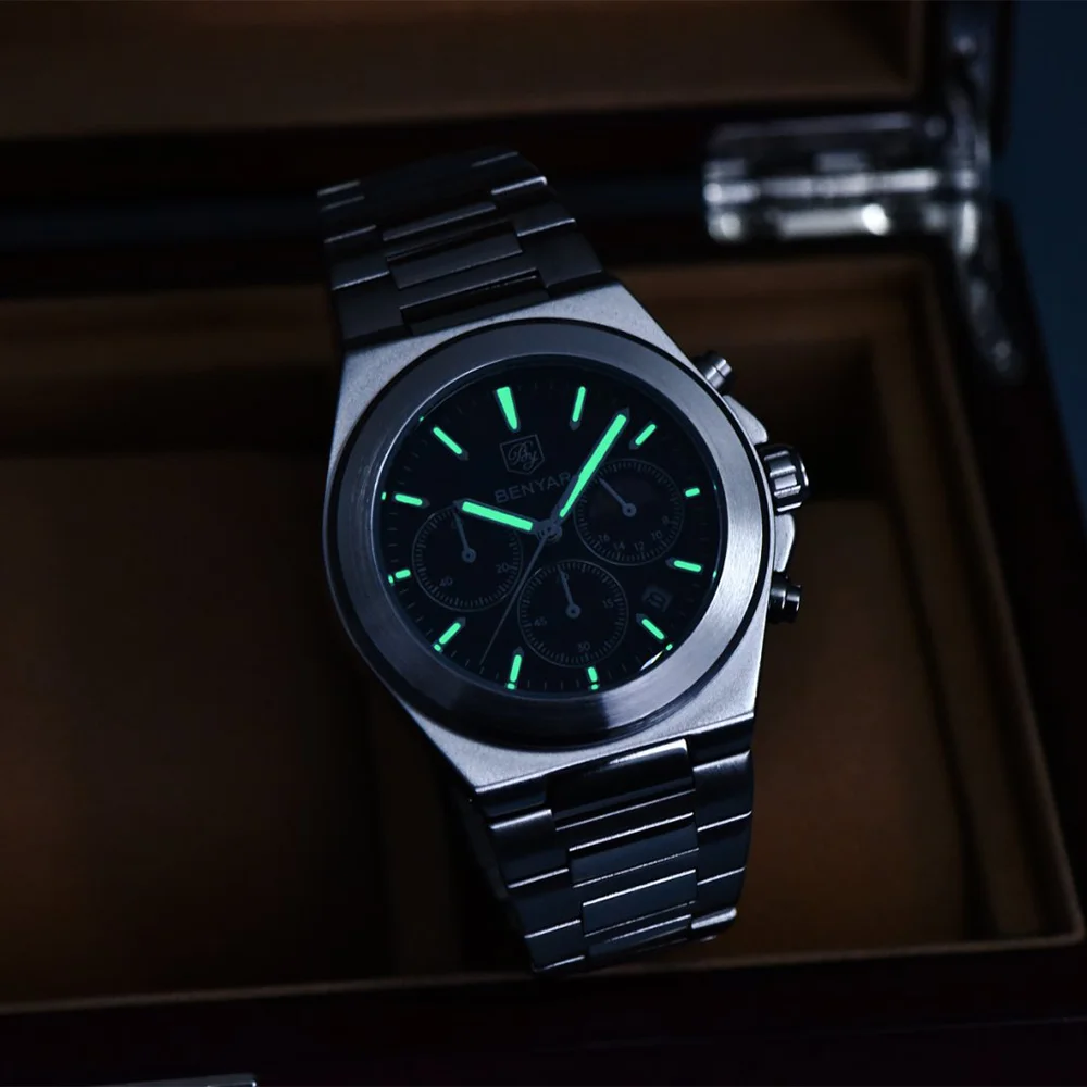 BENYAR 5220 Classic Business Watch Quartz Stainless Steel Waterproof Watch Multi Functional Moon Phase Dial Watches for Man