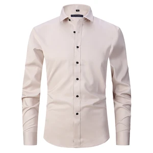Men's Four-Sided Stretch Slim-Fit Long Sleeve Solid Color Casual Shirt Single Breasted Button Anti-Wrinkle Twill for Autumn