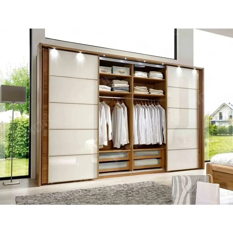 Modern Design High Glossy Sliding Door Wood Grains Large Storage Wardrobe Clothes Organizer Wardrobes Closet