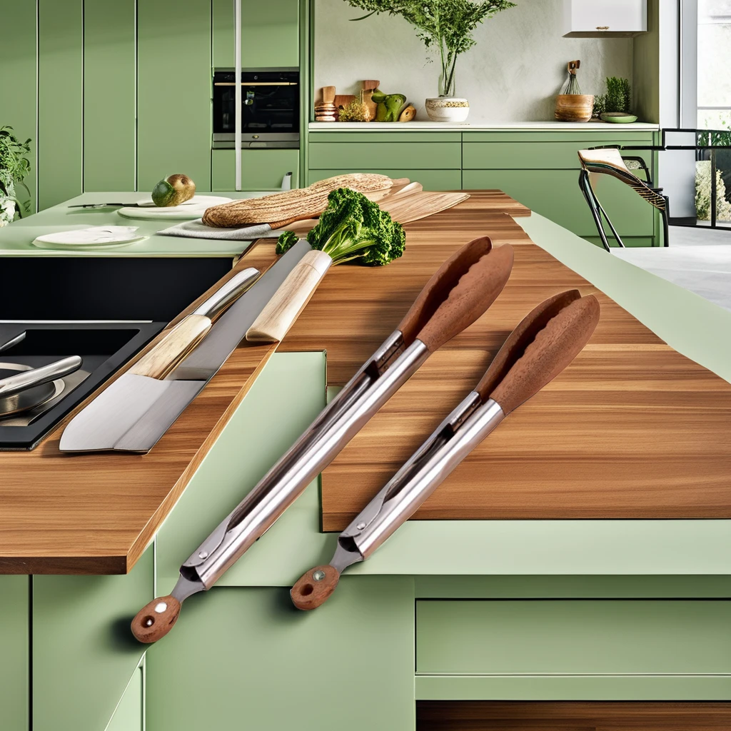 Hot Sale Stainless Steel Walnut Olive Wooden Kitchen BBQ Spaghetti Meat Garlic Clip Fry Food Tongs With Wood Lock supplier