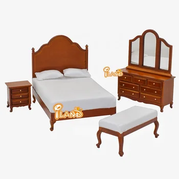 iLAND Wooden Dollhouse Furniture Vintage on 1:12 Scale Doll House Bedroom Bed Bedside Table Dressing Table  Upholstered Bench