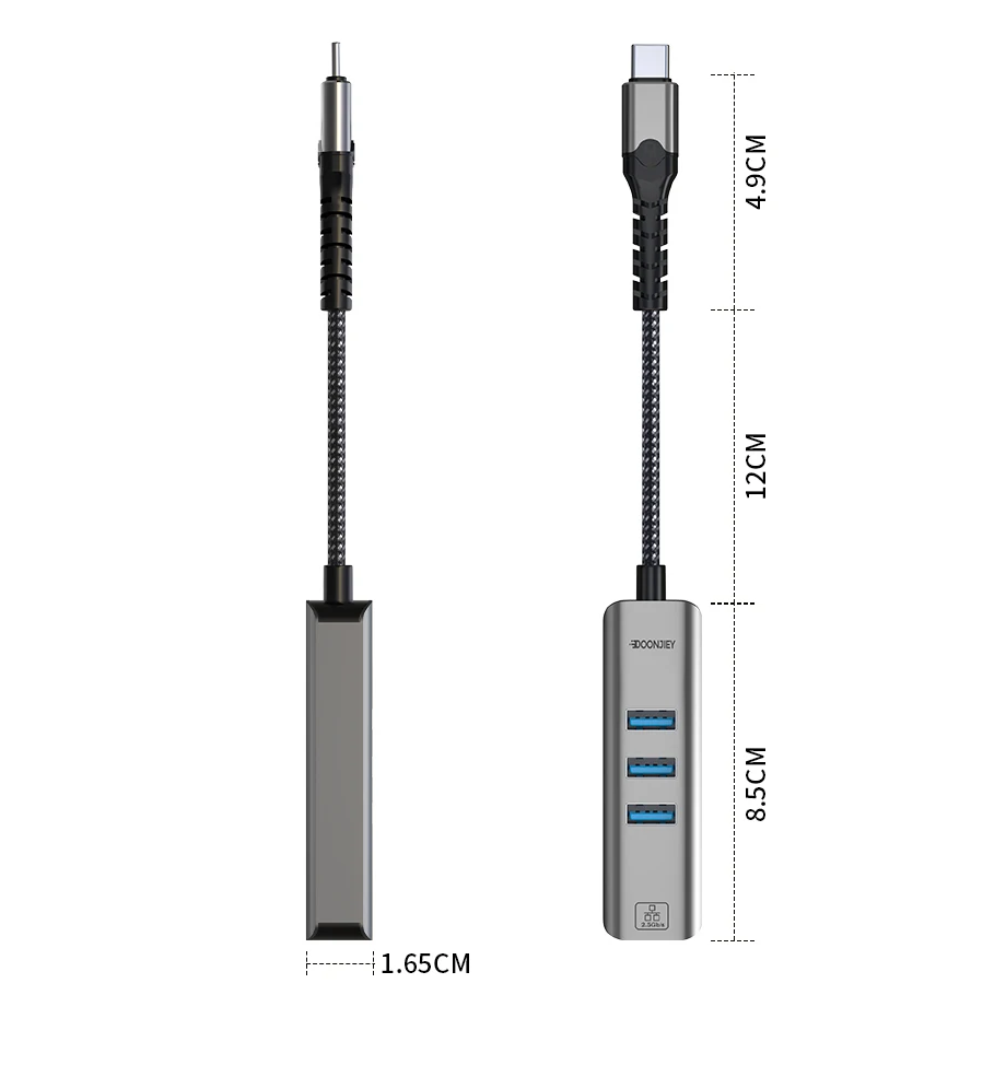 DOONJIEY USB 3.0 Aluminum Alloy Ethernet Adapter with 3-Port Type-C Gigabit Ethernet RJ45 Docking Station in Stock