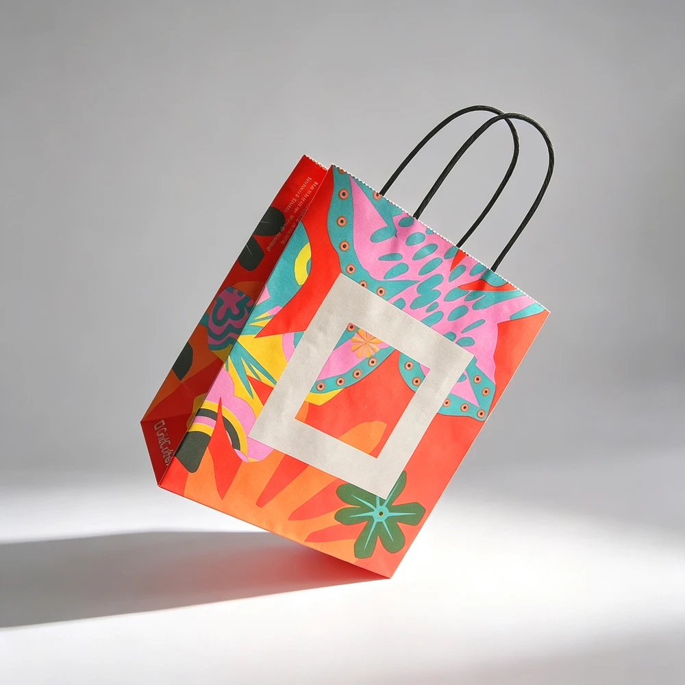 Hot Selling Custom Logo Printing Twisted Handles Recyclable Kraft Paper Carrier Bag for Restaurant Food Packaging