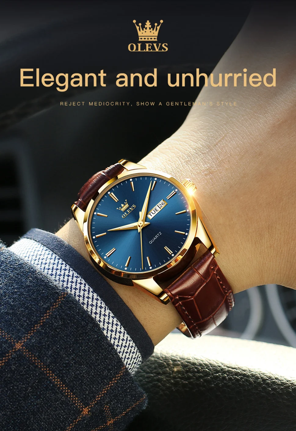 OLEVS 6898 Leather Quartz Watch Mens Watches Fashion Watch Men for Male Auto Date Rose Gold Shell Relogio Masculino