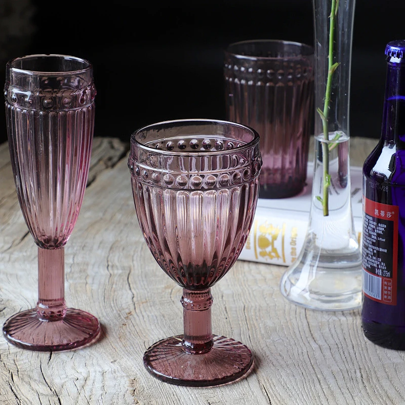 Red Wine Glass Set of 2 350 ml Orange Pink Goblet Retro Embossed