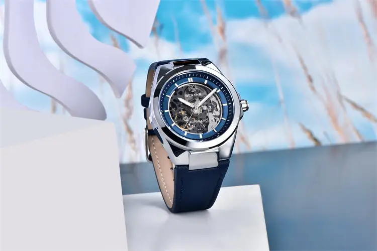 Часы Benyar 5207M, роскошные мужские часы с механизмом, горячая распродажа, ремешок из натуральной кожи, водонепроницаемые, автоматические, полые, деловые часы