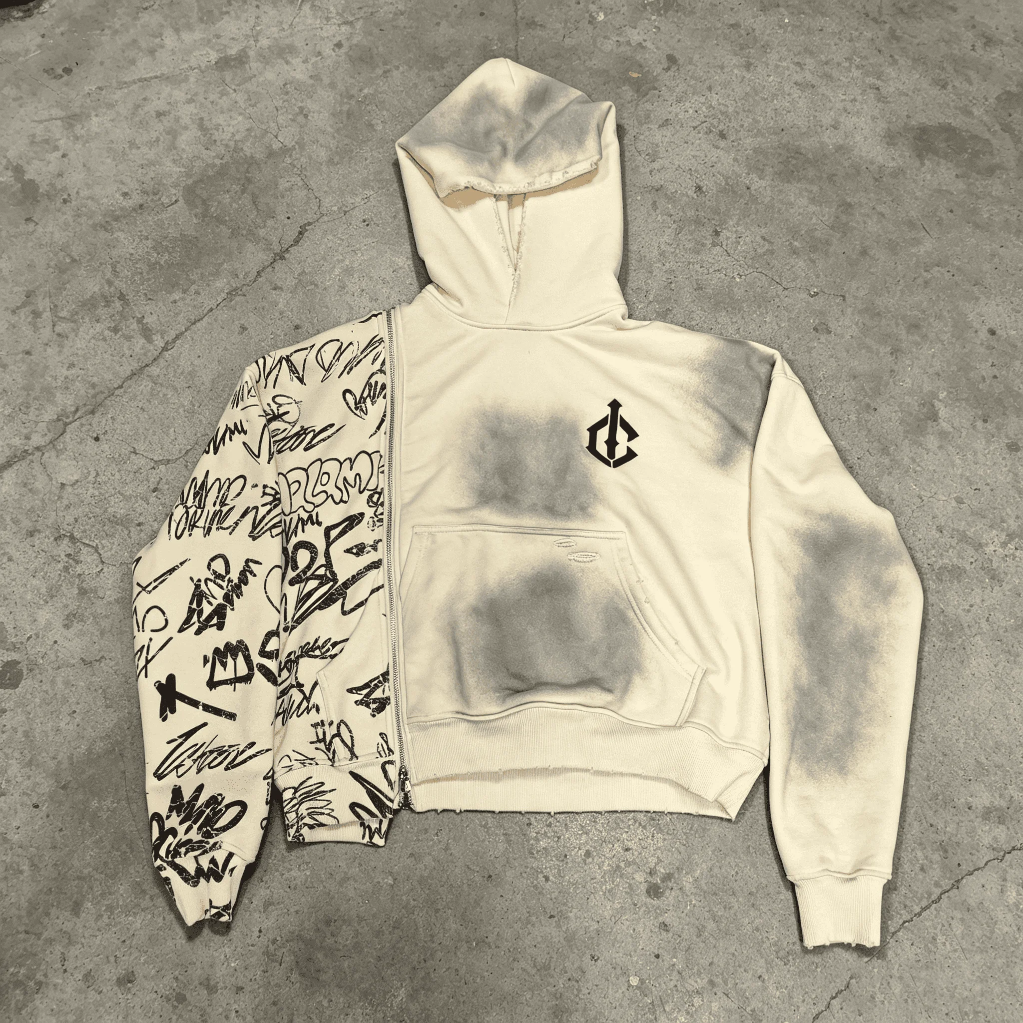 ODM OEM Custom Logo Mens Spray Wash Distressed Raw Edge Cropped Oversized Streetwear Asymmetric Graffiti Spliced Zip up Hoodie gallery 7