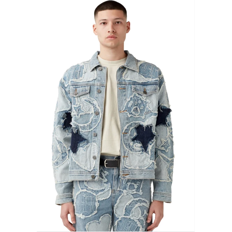 DiZNEW Wholesale Customized Printing Vintage Washed Jacket Blue and White Plus Size Coat Pure Cotton High Quality Jacket