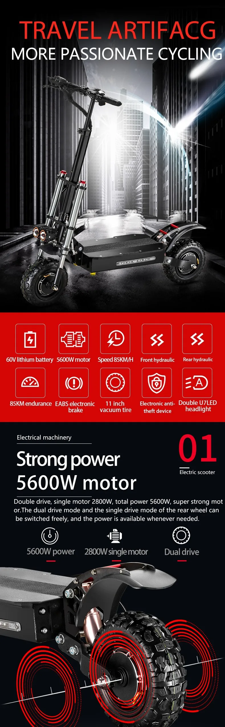 11inch Offroad Dual Motor 60v 38ah Long Range 5600w High Power