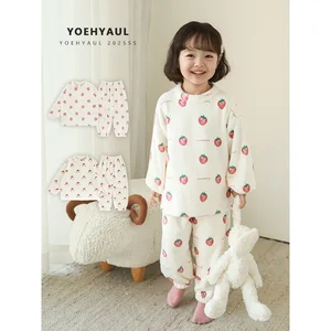 YOEHYAUL D4527 2 Pieces Warm Baby Girl Winter Sleepwear Fruit Print Thick Kids Homewear Fleece Pajamas Kids