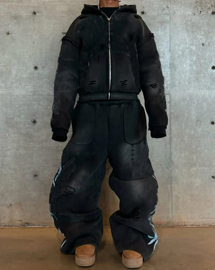 Streetwear Custom Printed Oversize Heavyweight Baggy Acid Wash Zip up Sweatpants and Hoodie Set Sweatsuit Tracksuit Men factory
