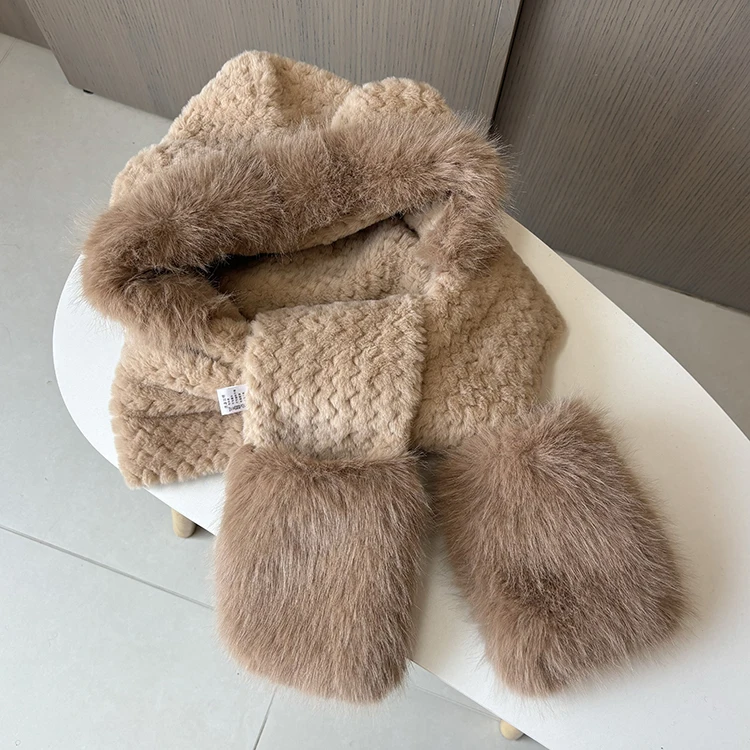Women's Winter Cycling Gloves and Scarf Combo with Cute Bear Ear Velvet Faux Fur Warm Outdoor Protective Hat