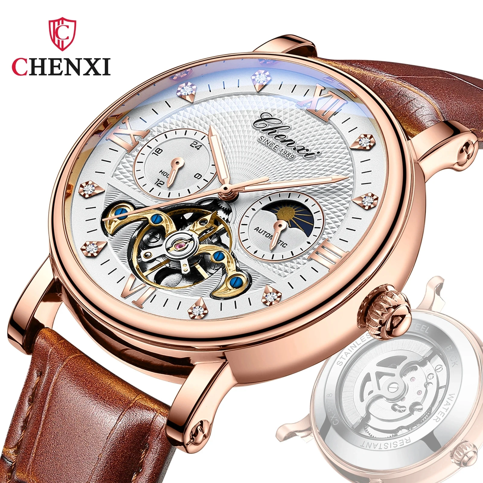 腕時計 CHENXI 8876 Men's Automatic Mechanical Watch with Leather Strap
