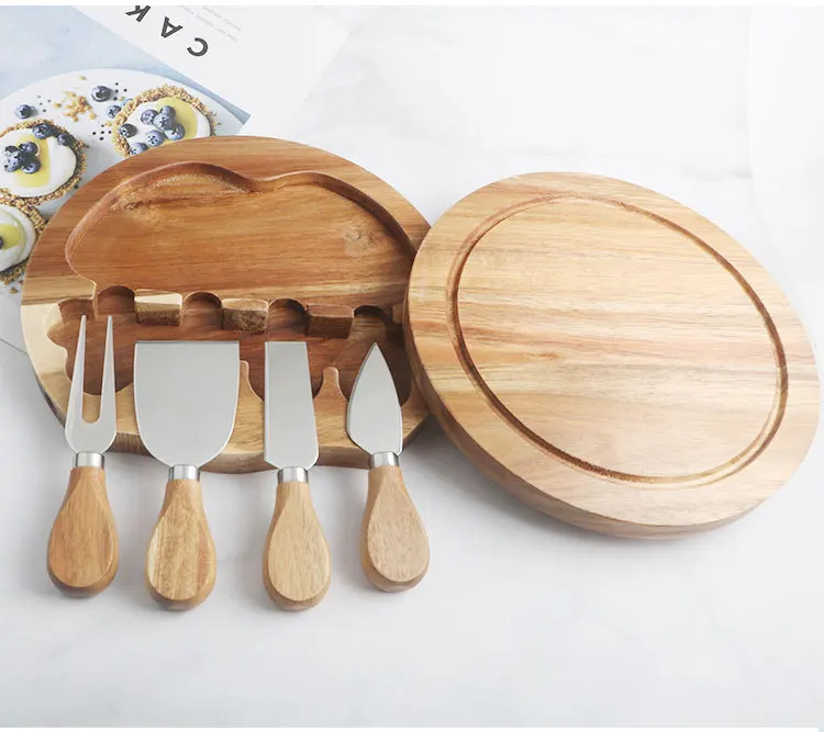 Round Slide Out Acacia Wood Cheese Board and 4 Piece Cheese Knife Set ...