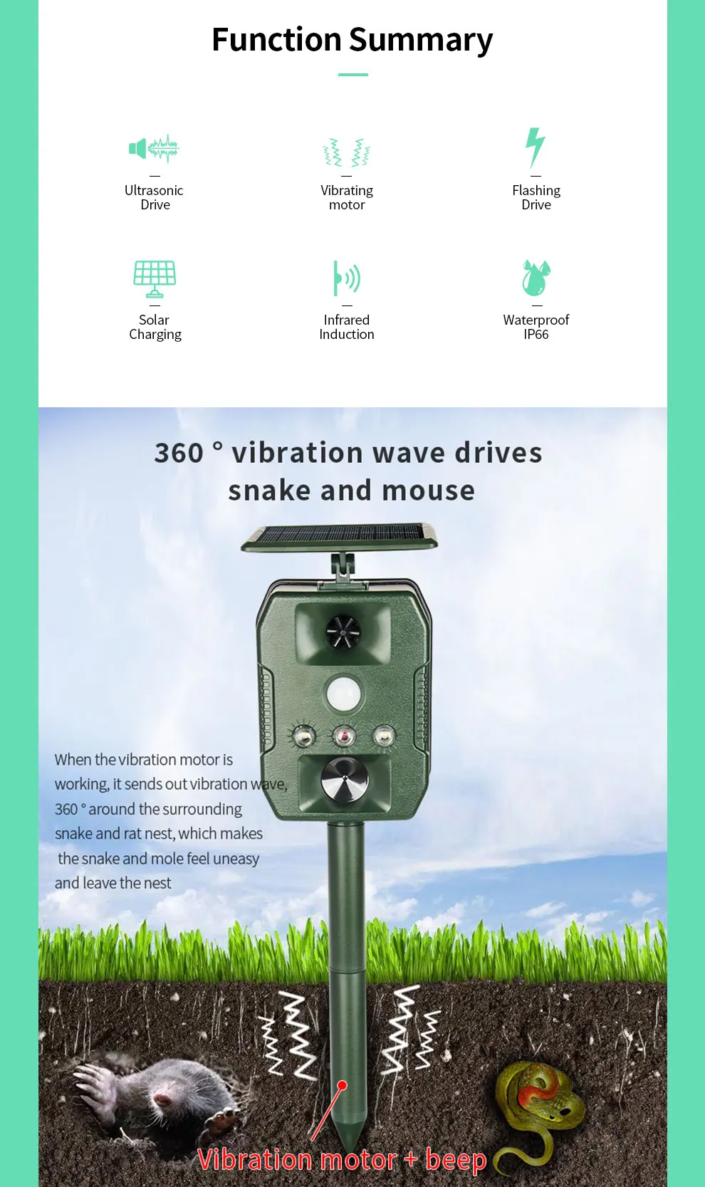 Saijzek Amz Hot Sale Solar Powered Rechargeable mole snake cat bird repellent outdoor device ultrasonic bird repeller for Garden details