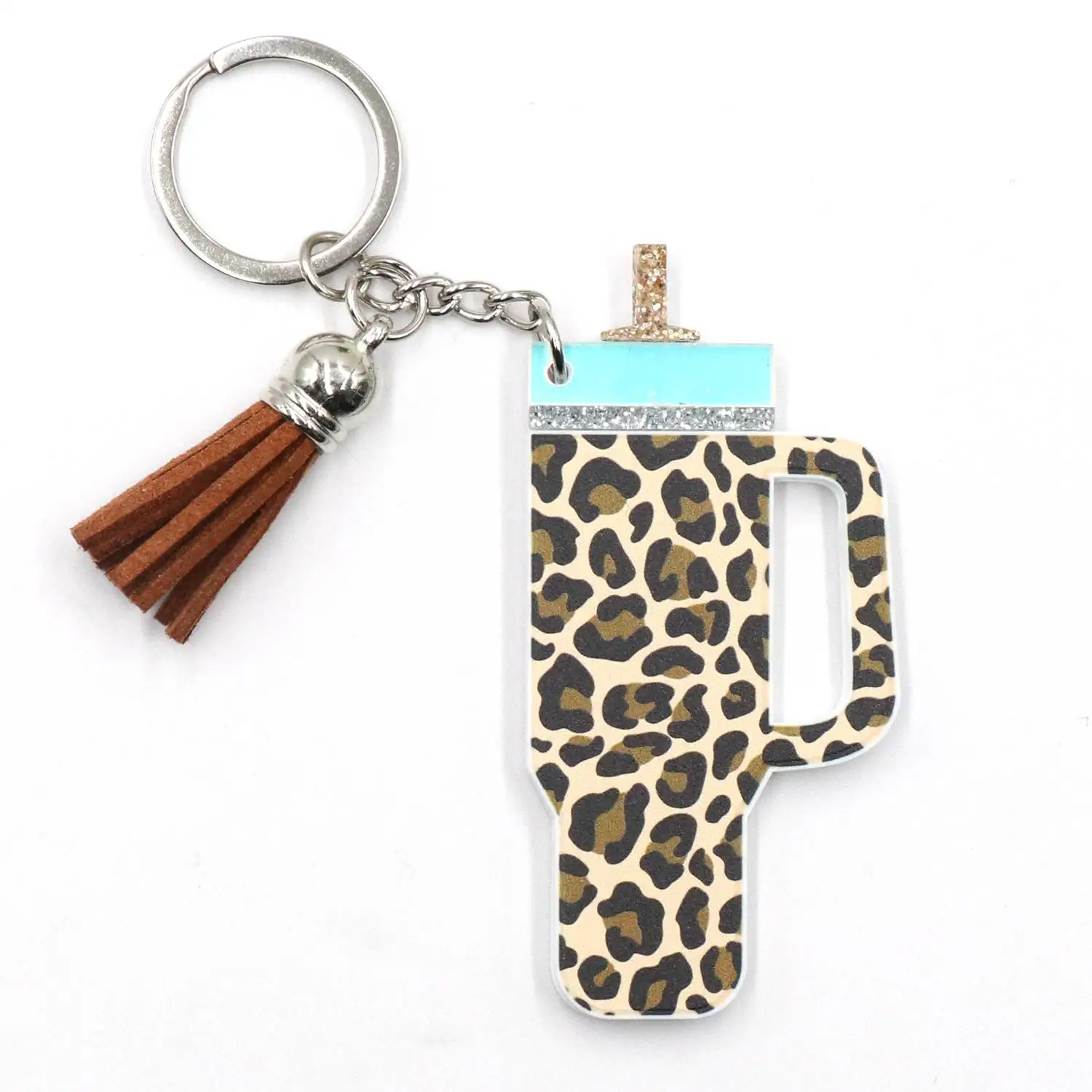 YCXKH1341 Elegant Brown Leopard Print Tassel Long Chain Keychain with UV Printing for High-End Bags and Gifts