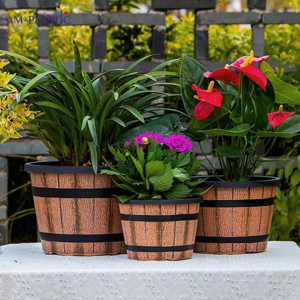 Multi Size 8 10 12 14 16 Inch Diameter Plastic Barrel Planter Pots Wholesale for Plants Flower Home Garden Decorative