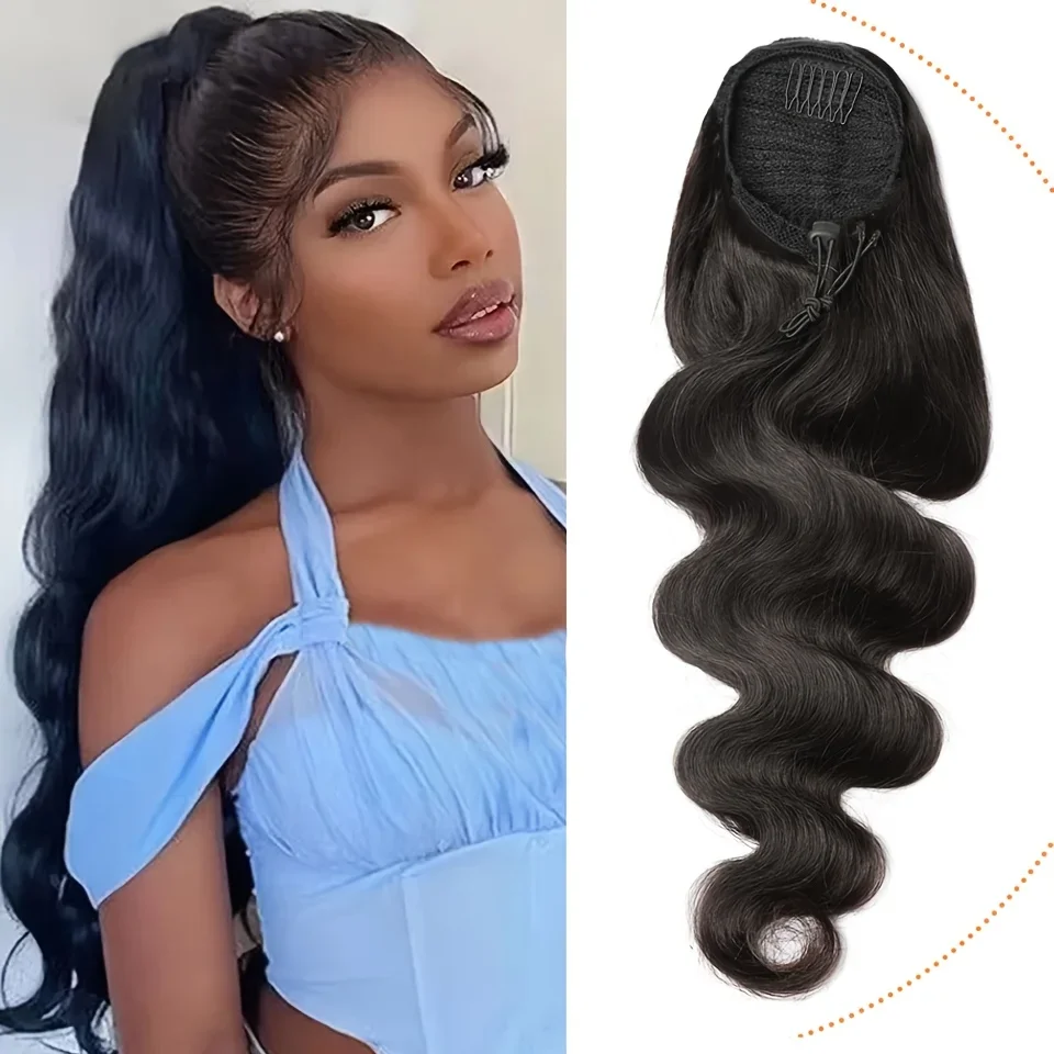 Body Wave Ponytail Human Hair Drawstring Remy Extensions Natural Black_voghion.com