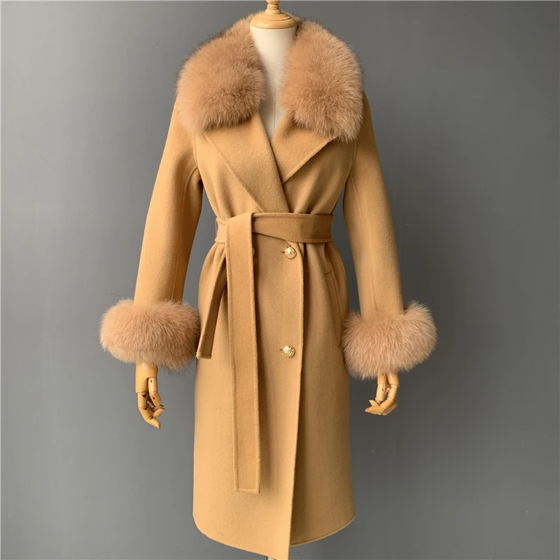 Winter Double-breasted Trench Cashmere Jacket with Fur /Korean