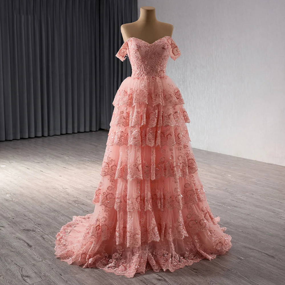 chinese dress ladies Elegant Off Shoulder Lace Pink Long Prom Dress, Off the Shoulder Pink –  abcprom main image 1