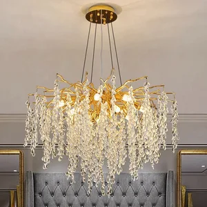 JACKSUN French Gold Raindrop K9 Crystal Chandelier Water Drop Aluminum Pendant Light Middle Sized Hanging Lamp Bedroom Light