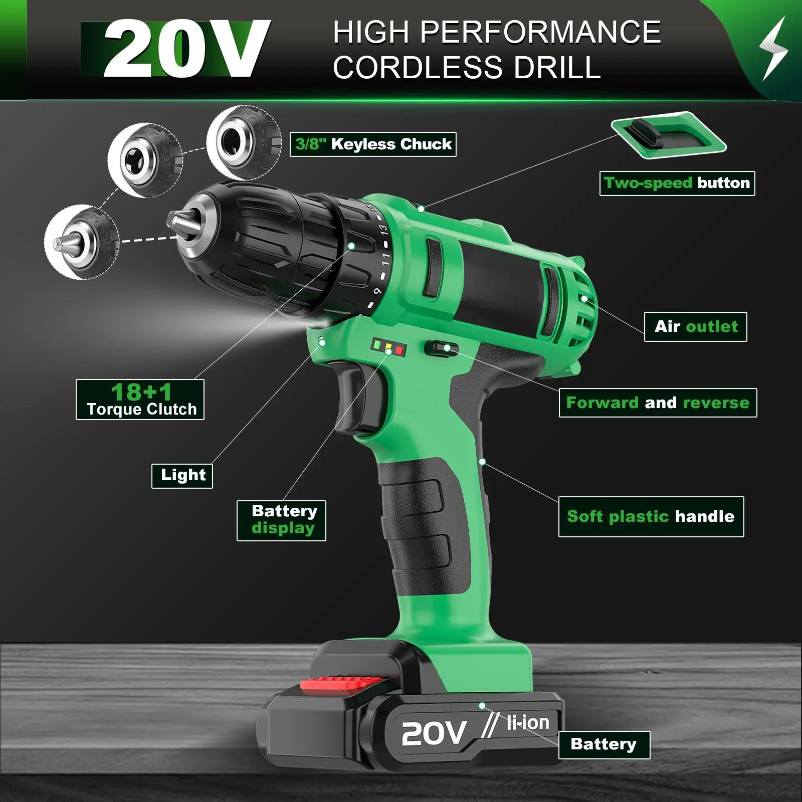 Trapano avvitatore a batteria senza chiave da 20 V, mini cacciavite elettrico fai da te, velocità variabile, motore a spazzole, fonte di alimentazione, magazzino UE, batteria_voghion.com