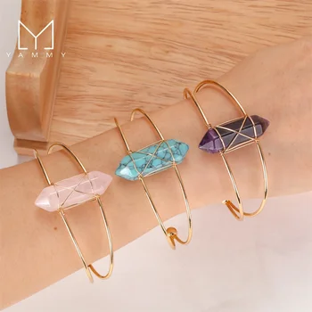 Double Stone Point Handmade Wire Wrapped Crystal Gold Bangle Bracelets