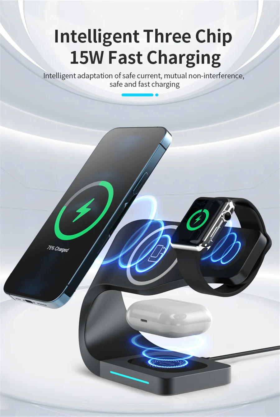 Latest 15W Fast Wireless Charger Stand Dock Station 3-in-1 Technology for Smart Watch Earphones Electric Magneti Dock for iPhone