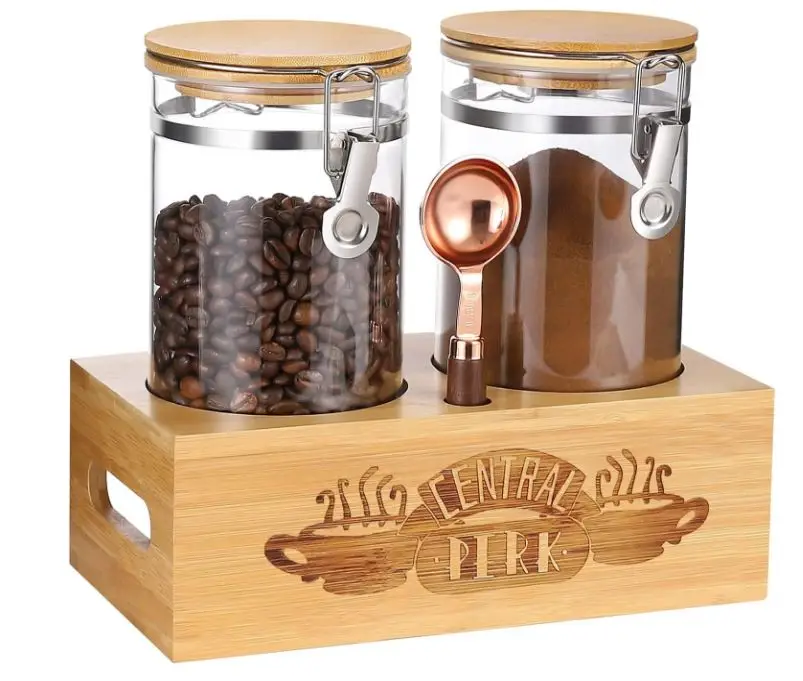 Glass Coffee Containers With Central Perk Shelf, 2pcs 49oz Coffee Grounds Container With Spoon and Funnel, Coffee Canister