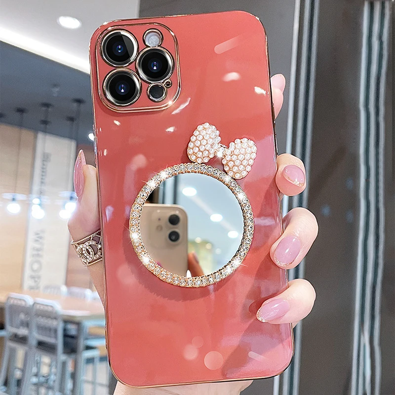 Makeup Mirrored Phone Case Fundas De Lujo Para For iphone 13 14 12 Pro Max Butterfly Diamond Bling Cases Cover For Women Girls details