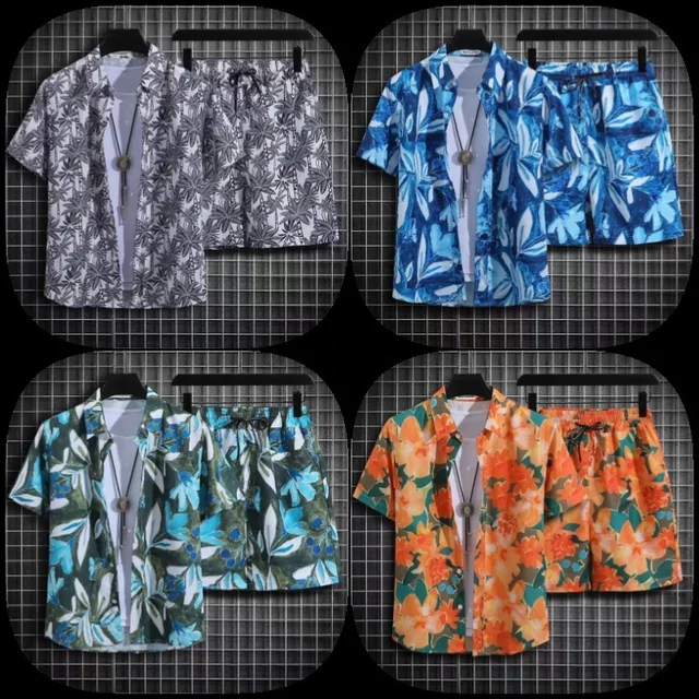 Men's Hawaiian beachwear short-sleeved printed shirt summer new wave printed beach shorts two-piece set