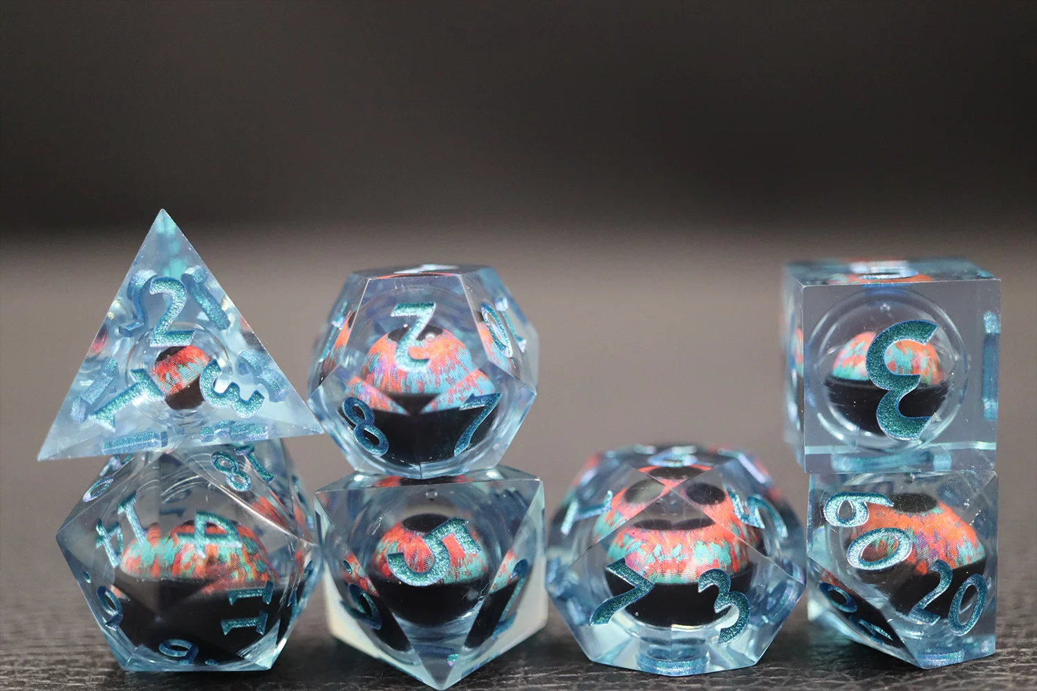 Custom 16mm Dnd Blue Dice Board Game Resin sharp Edge D4-d20 Polyhedral Dice Include Blood Eyes 7pcs Dice Set supplier