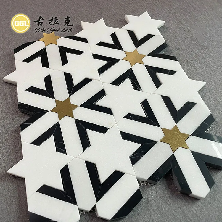 Hot Selling White Mosaic Star Shape Marble Tile Inlay Brass Stone Black Wall Floor Mosaic Tile