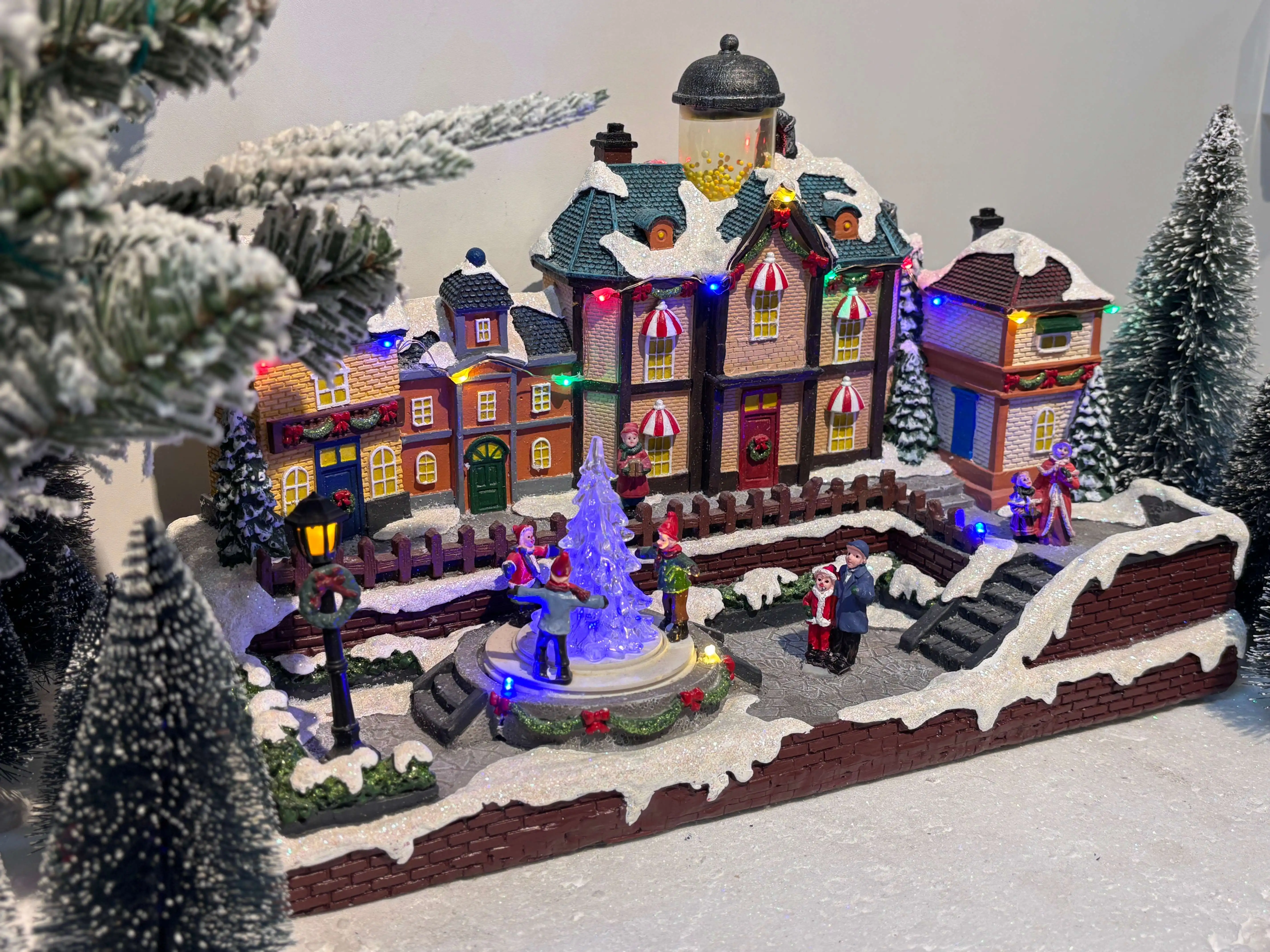 Christmas Market Square with LED Light Resin Christmas Tree Sculpture Kids Featuring Popcorn Functions Desktop Decoration