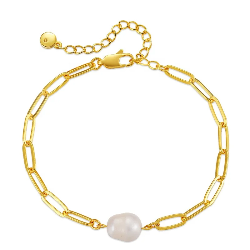 China Factory Made 18K Gold Plated Bracelet Natural Freshwater Irregular Baroqu Baroque Pearl Charm Bracelet Paper Clip Chain