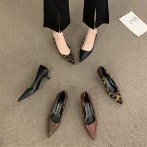 QuiteS New 2026 Leopard Print Kitten Heel Pointed Toe Shallow Sandals Slip-On Office Style Casual Thin Heel Shoes for Women