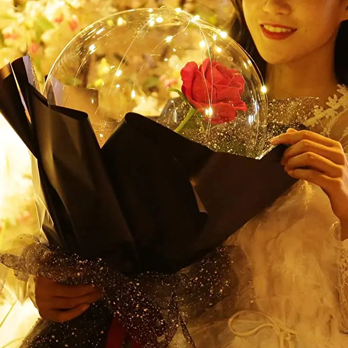 LED Light Transparent Balloon with Rose Flower Bouquet Bobo balloons for Wedding Birthday Party Celebration Celebration