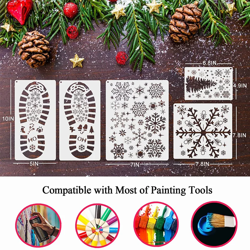 Lot De 4 Pochoirs Flocon De Neige De Noël 25 Cm - Réutilisables En PET Pour Décorations Fenêtres Et Murs