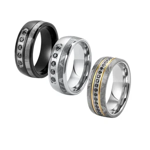 Meteorite Eternity Wedding Band Titanium Ring With Real Meteorite and 5pcs Black CZ Stone Inlay TIZTI Ring for Men