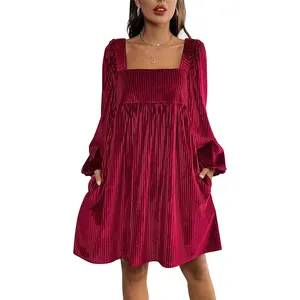 Autumn and winter women's A-line dress, square neck, backless velvet dress, textured party evening dress