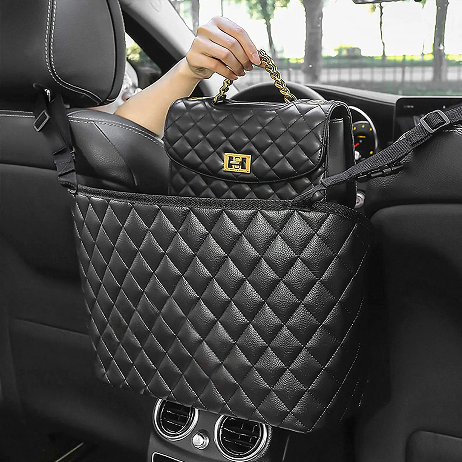 PU Leather Large Bag Purse Holder for Car Front Seat Car Net Pocket Handbag Holder Storage Organizer Car Purse Holder Between Seats with 2 Car Hooks Car Seat Barrier for Pets and Little Kids   