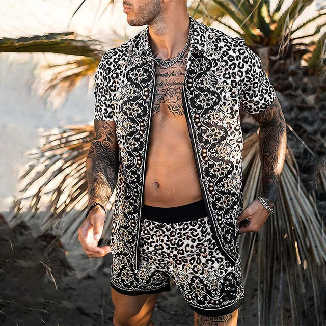 Summer New European American Men's Leopard Print Fashion Short Sleeve Shirt Quick Dry Beach Leisure Suit & AliExpress