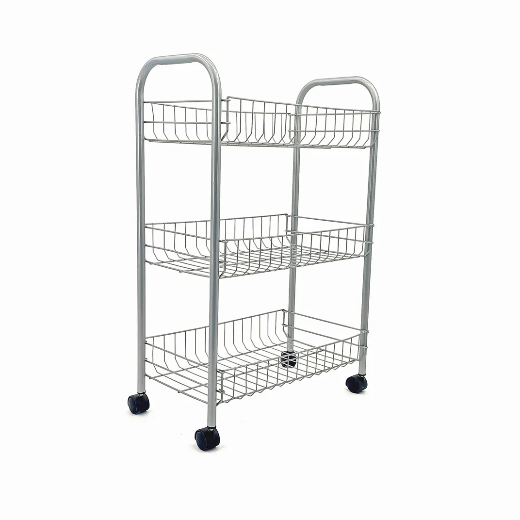 Chariot Rangement 3 Niveaux Empilable Pour Fruits Légumes - Roues 360° - Panier Maille Métal - Cuisine