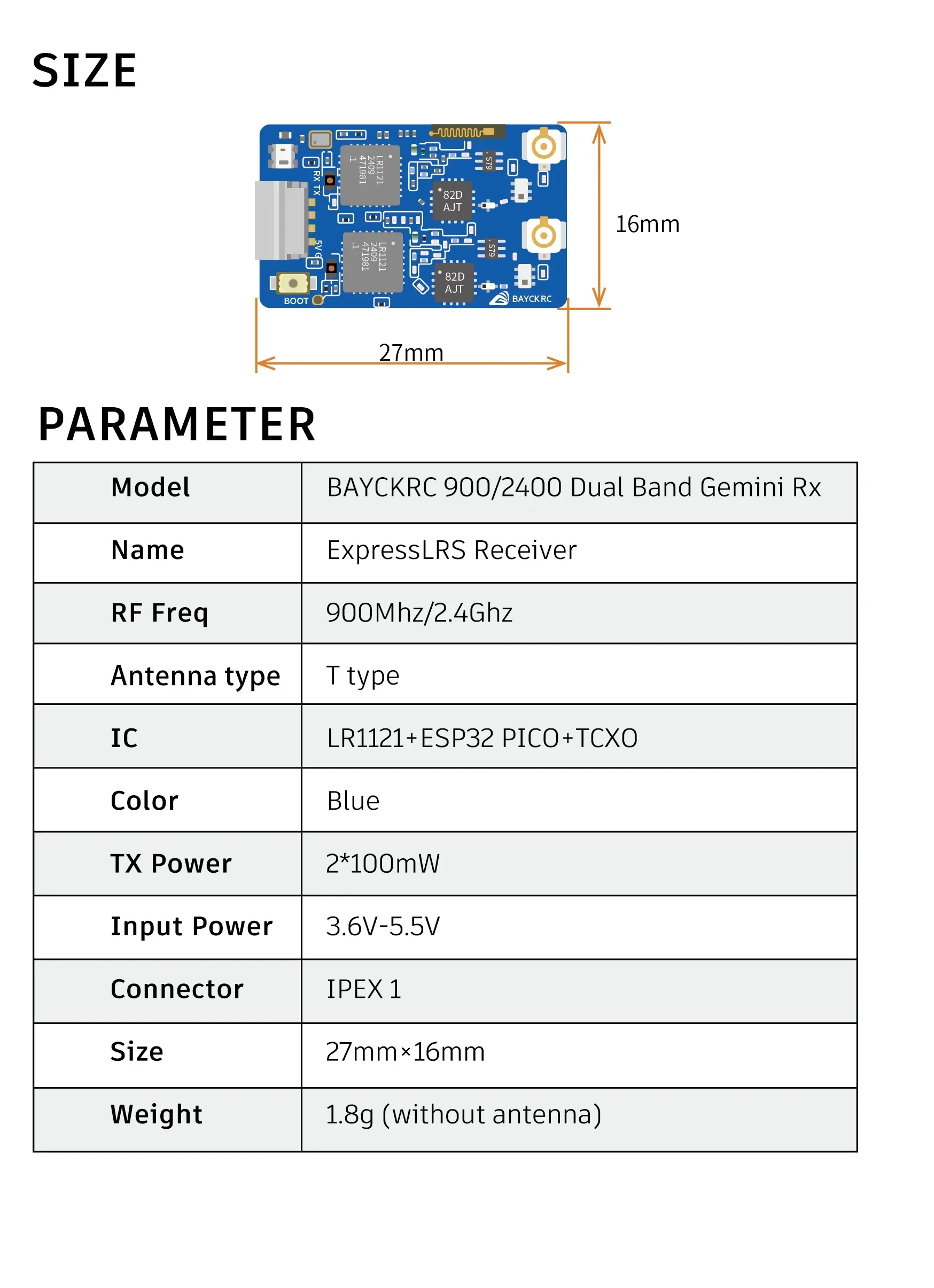 BAYCK 900MHz 2.4GHz Dual Band Gemini Receiver 915M ELRS ExpressLRS RX TCXO for Long Range Drone Fixed Wing FPV RC Drone