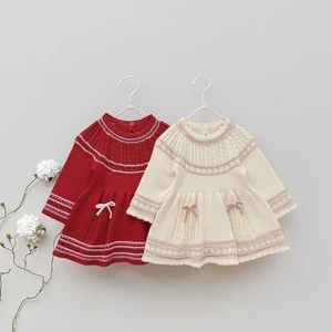 Autumn Girls' Baby Dresses Pure Cotton Knitted Bow Dress Versatile Slim Princess Dress Children O-Neck Collar Clothes for Kids