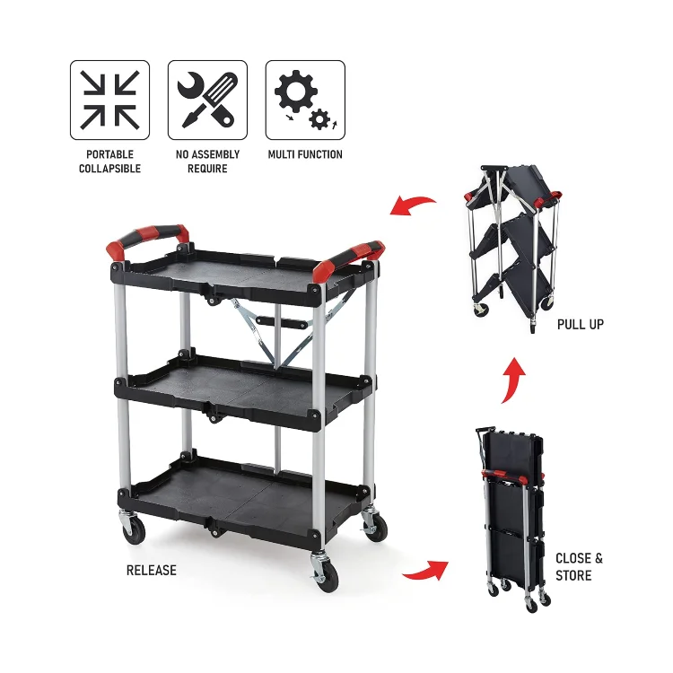 Commercial Rolling Cart 3 Tier Plastic Cart Collapsible Utility Carts ...