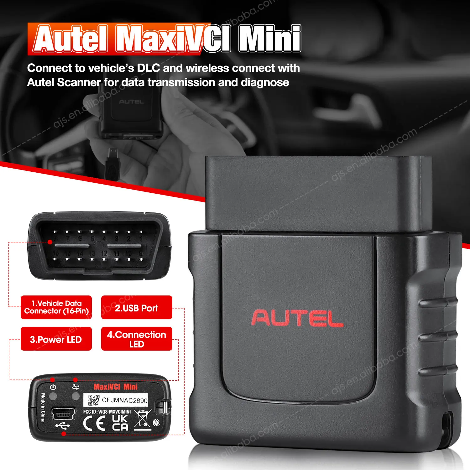 Autel MaxiVCI Mini VCI Diagnostic Tool – Wireless OBD For MP808TS MK808TS MK808BT & More